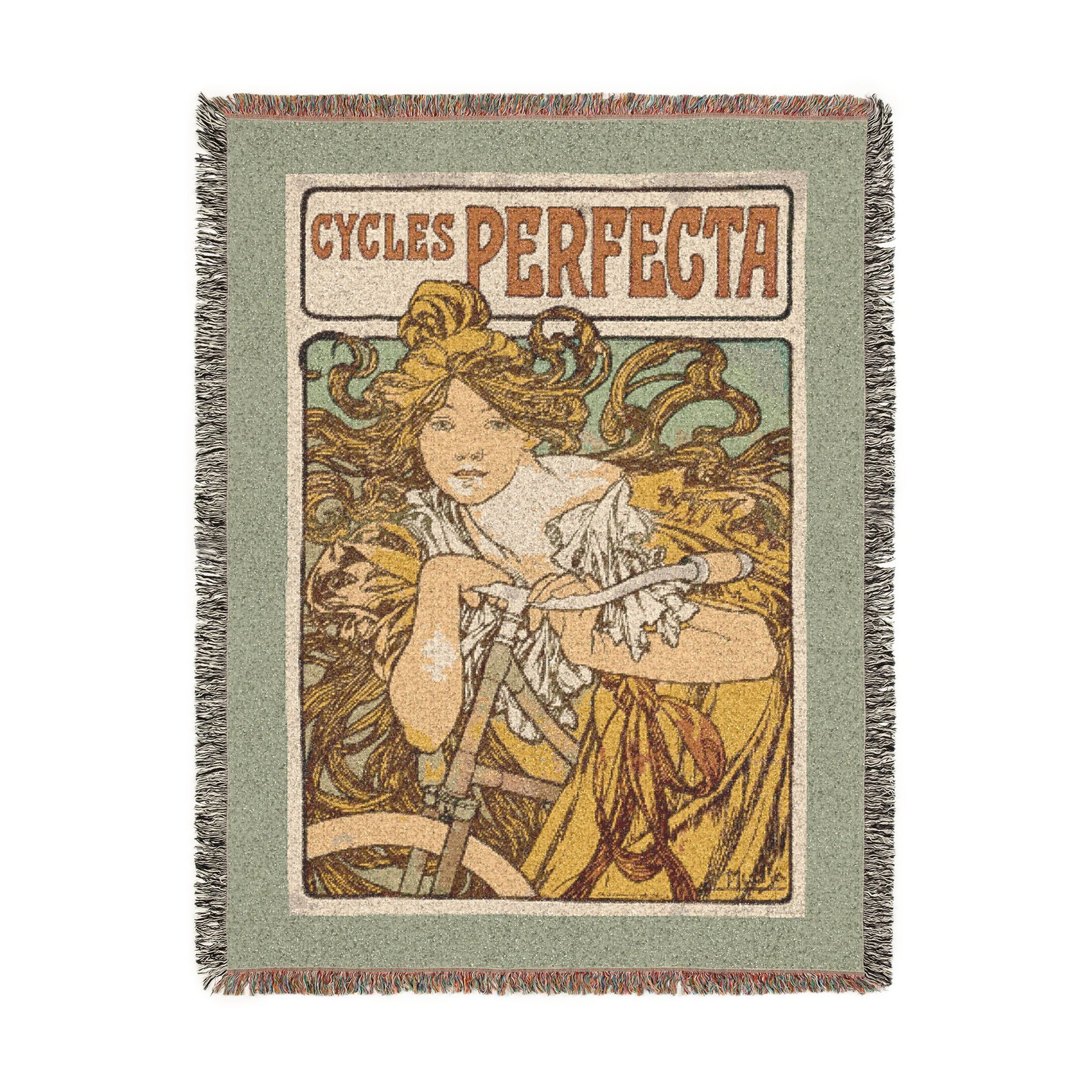 Cycles Perfecta Woven Blanket, Alphonse Mucha, Art Nouveau Bicycle Poster