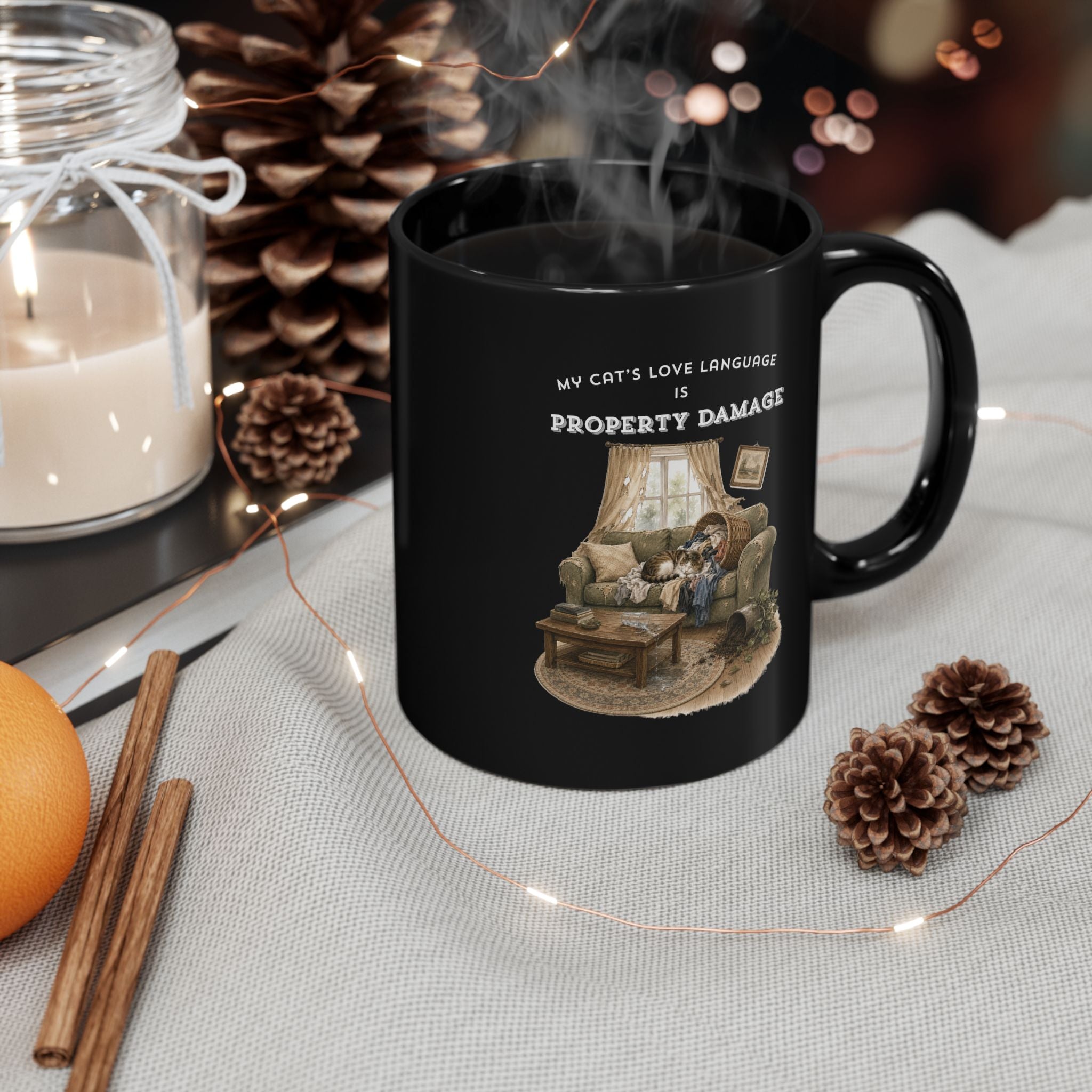 My Cat's Love Language is Property Damage Mug, Funny Cat Humor, Black Ceramic