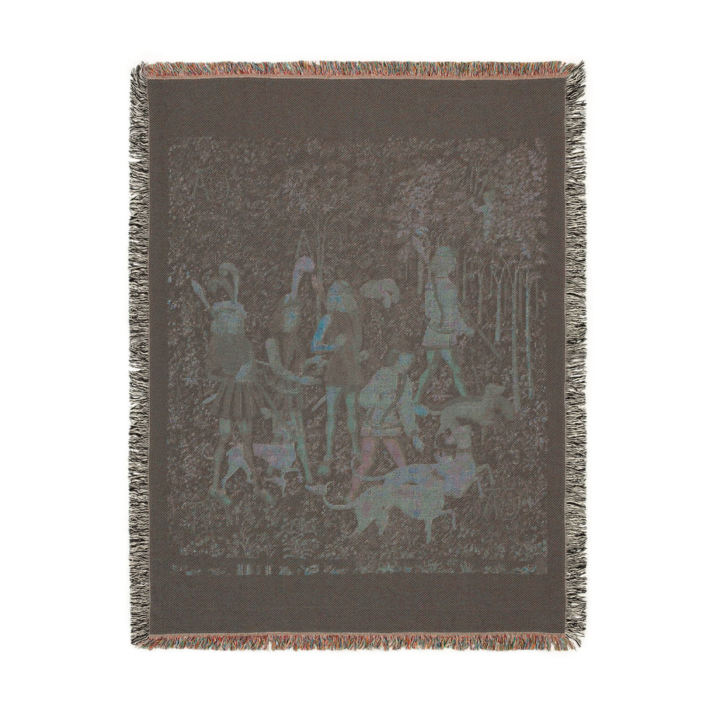 The Hunters Enter the Woods Woven Blanket, Medieval Unicorn Tapestry Art Throw