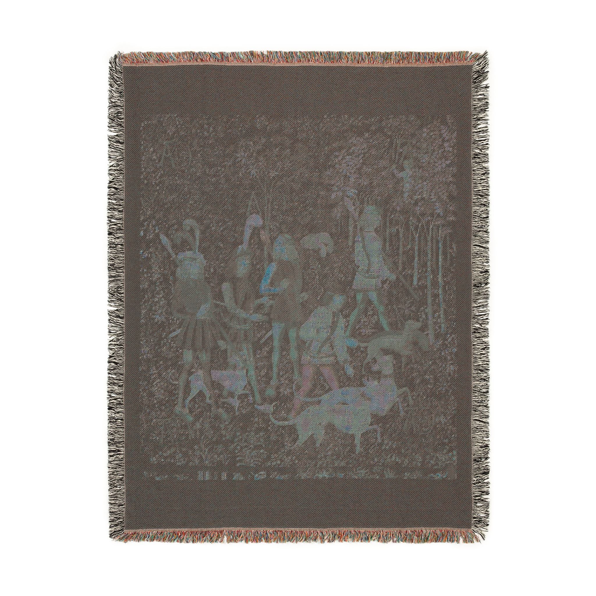The Hunters Enter the Woods Woven Blanket, Medieval Unicorn Tapestry Art Throw