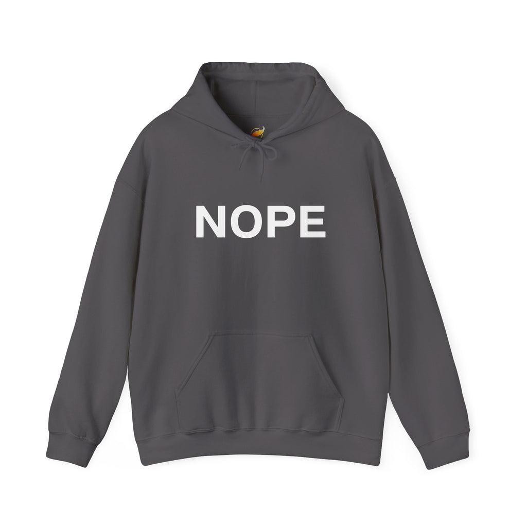 A charcoal gray pullover hoodie with the word 'NOPE' printed in bold white capital letters across the chest on a solid white background.
