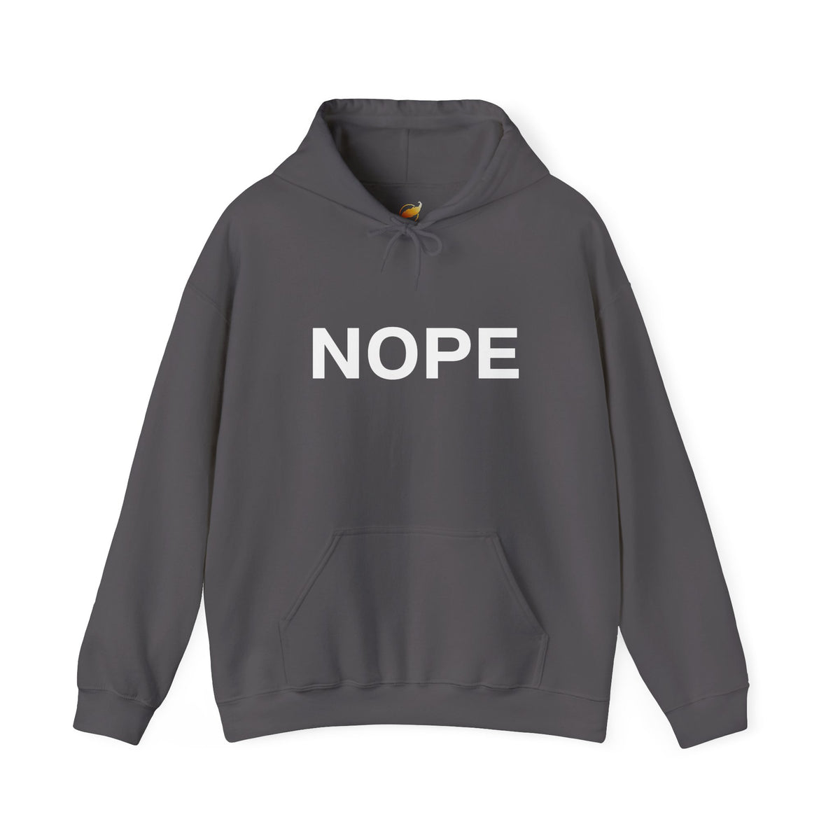 A charcoal gray pullover hoodie with the word 'NOPE' printed in bold white capital letters across the chest on a solid white background.