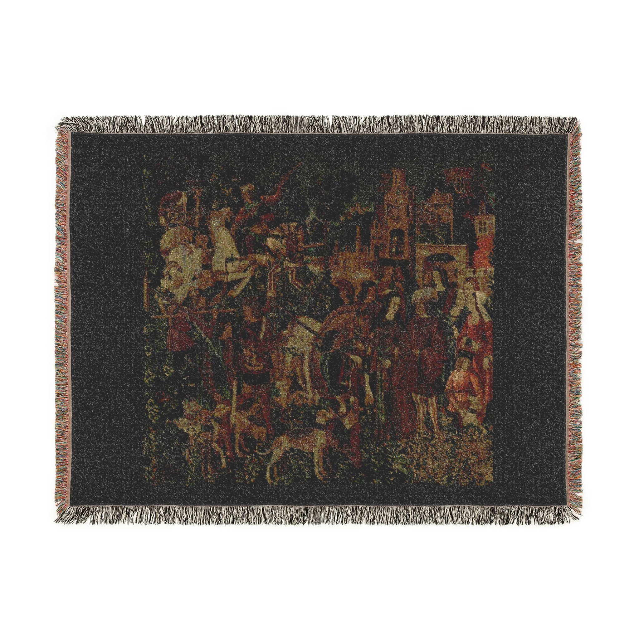 The Hunters Return to the Castle Woven Blanket, Medieval Unicorn Tapestry Art Throw
