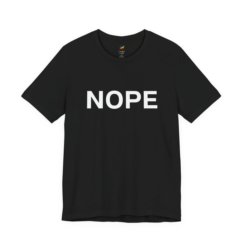 A black short-sleeve crewneck t-shirt with the word 'NOPE' printed in bold white capital letters across the chest, displayed on a clean white background.