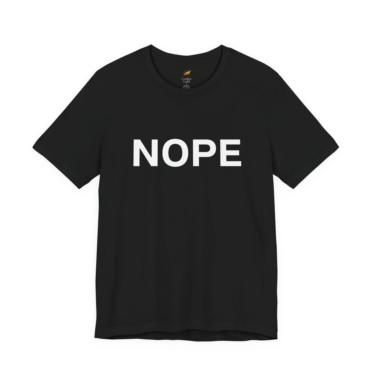 A black short-sleeve crewneck t-shirt with the word 'NOPE' printed in bold white capital letters across the chest, displayed on a clean white background.
