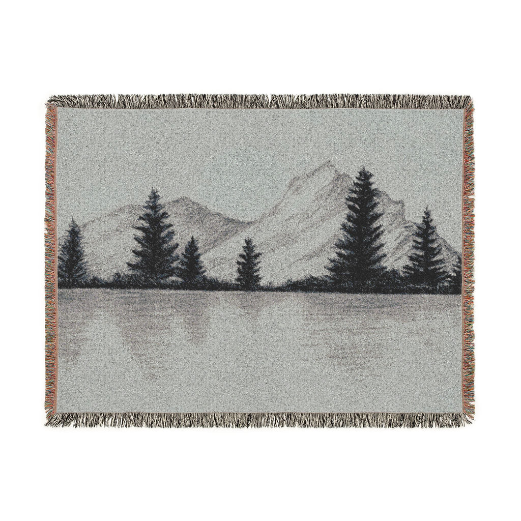 Mountain Lake Reflection Woven Blanket | Scenic Pine Trees, Neutral Tones