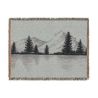 Mountain Lake Reflection Woven Blanket | Scenic Pine Trees, Neutral Tones