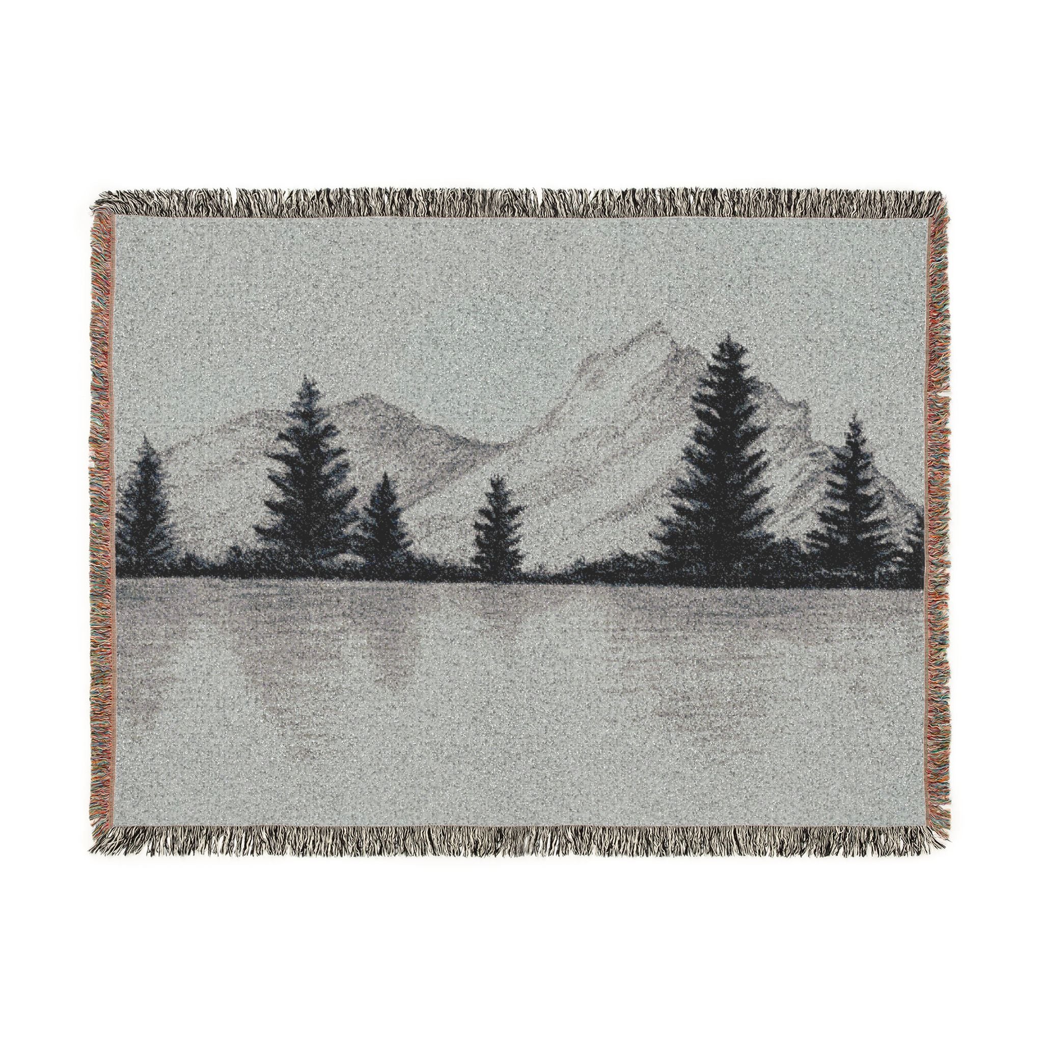 Mountain Lake Reflection Woven Blanket | Scenic Pine Trees, Neutral Tones