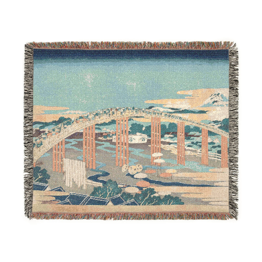 Yahagi Bridge at Okazaki Woven Blanket, Katsushika Hokusai, Blue Toned Japanese Woodblock Art