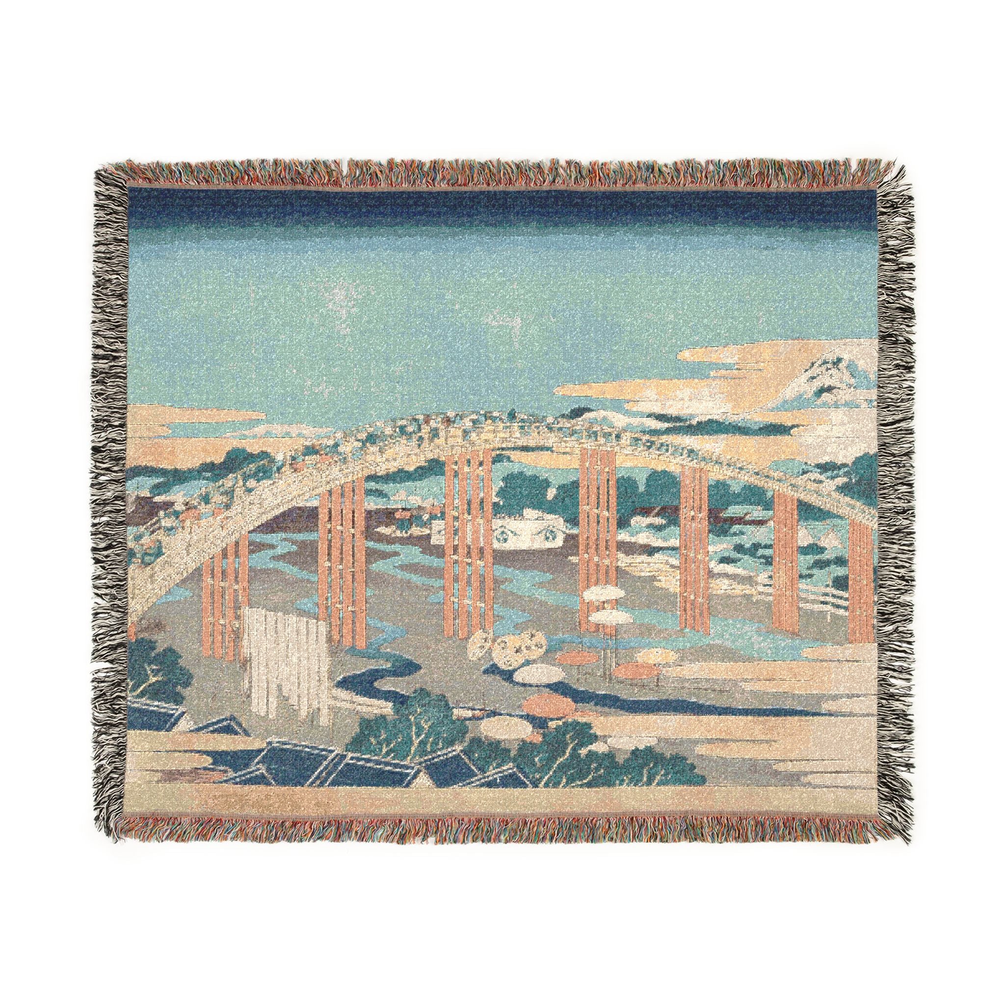 Yahagi Bridge at Okazaki Woven Blanket, Katsushika Hokusai, Blue Toned Japanese Woodblock Art