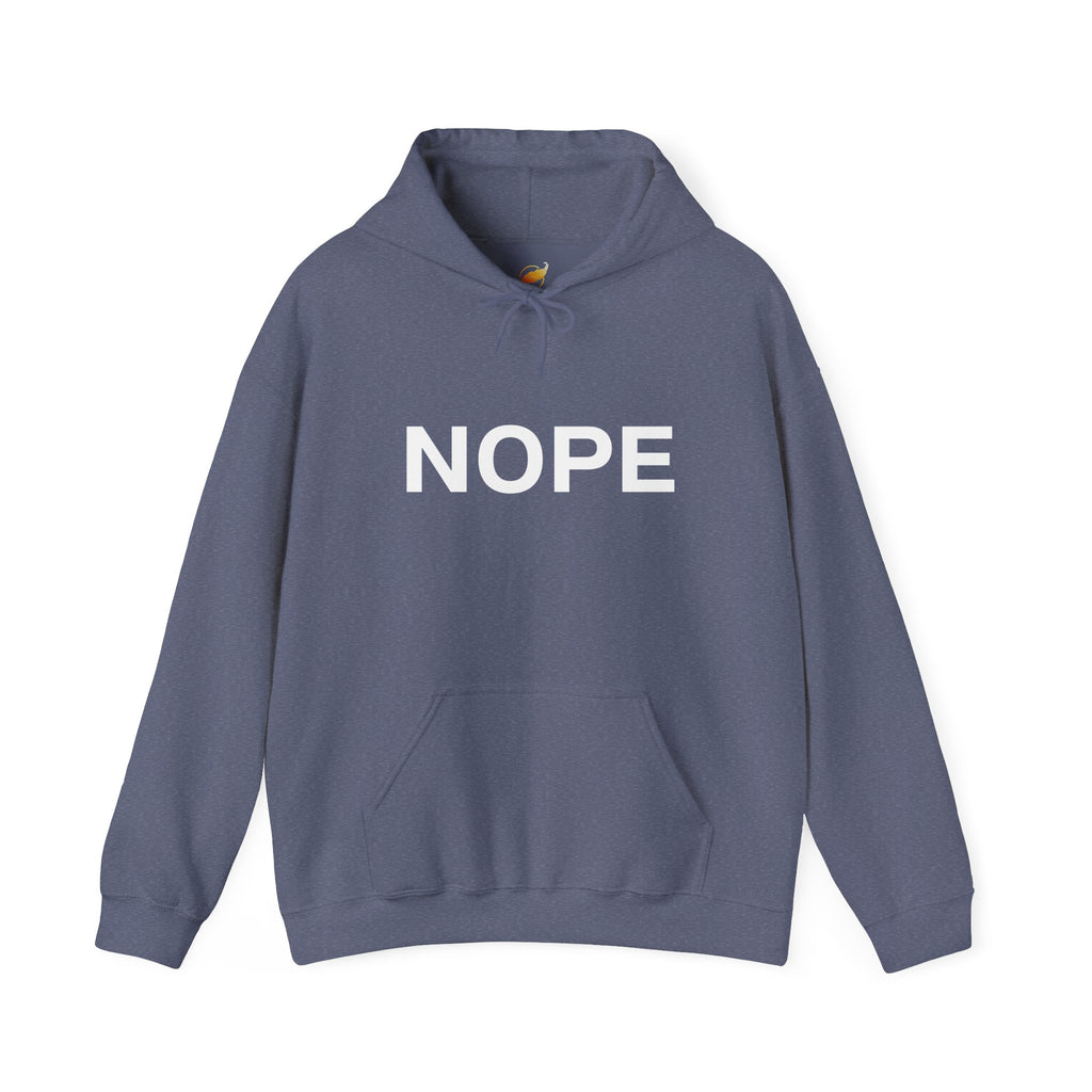 A heather navy pullover hoodie with the word 'NOPE' printed in bold white capital letters across the chest on a solid white background.