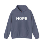 A heather navy pullover hoodie with the word 'NOPE' printed in bold white capital letters across the chest on a solid white background.