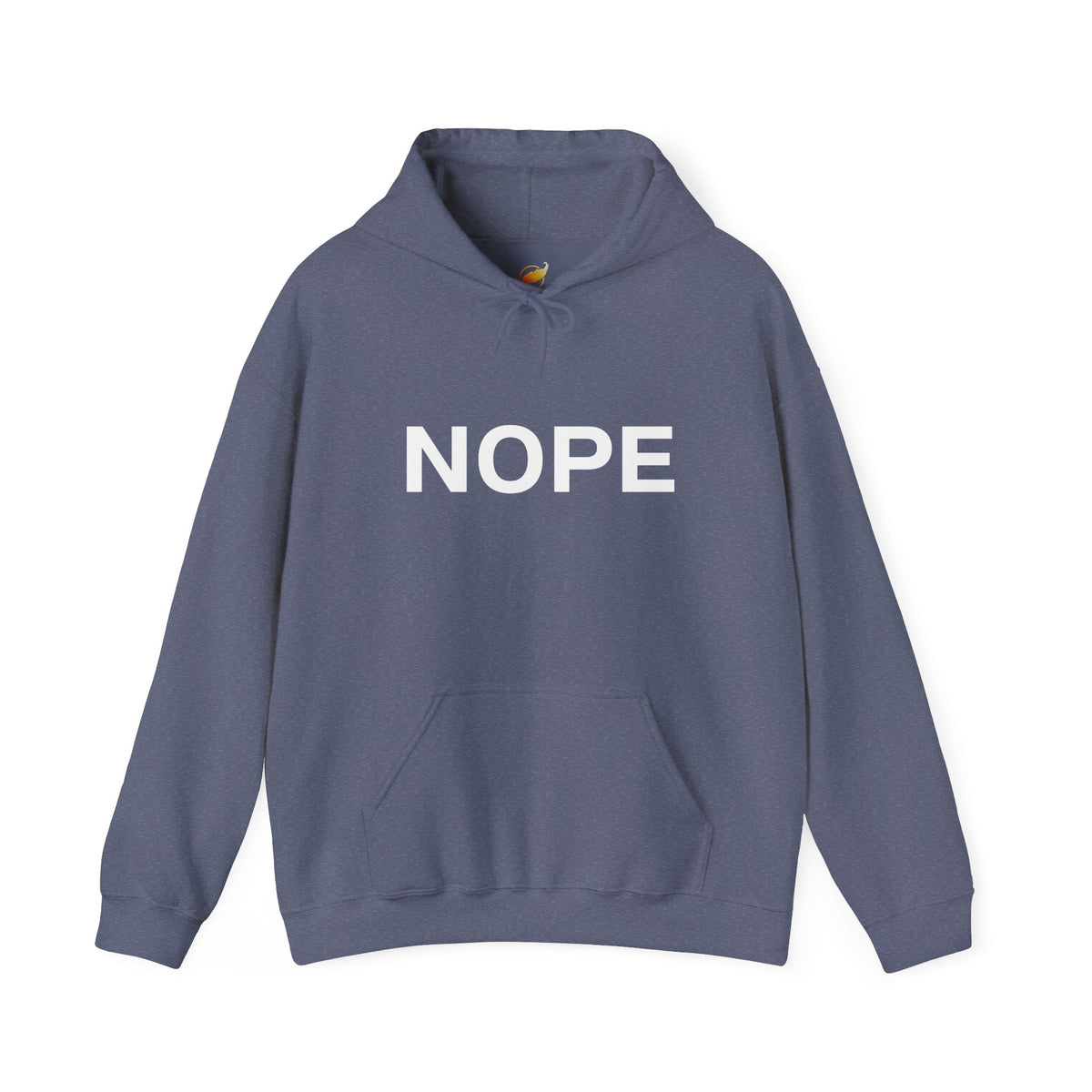 A heather navy pullover hoodie with the word 'NOPE' printed in bold white capital letters across the chest on a solid white background.