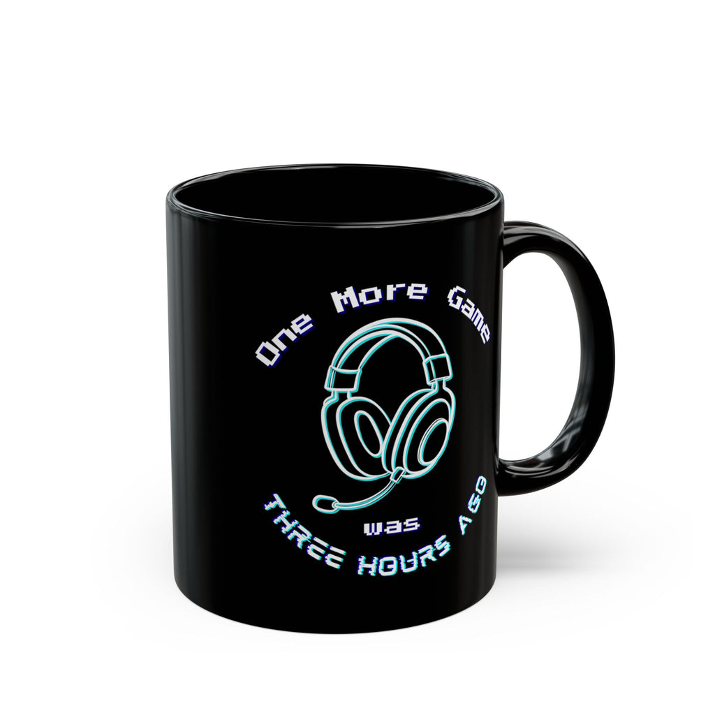 One More Game Was Three Hours Ago Mug, Funny Gamer Humor, Retro Neon Black Ceramic