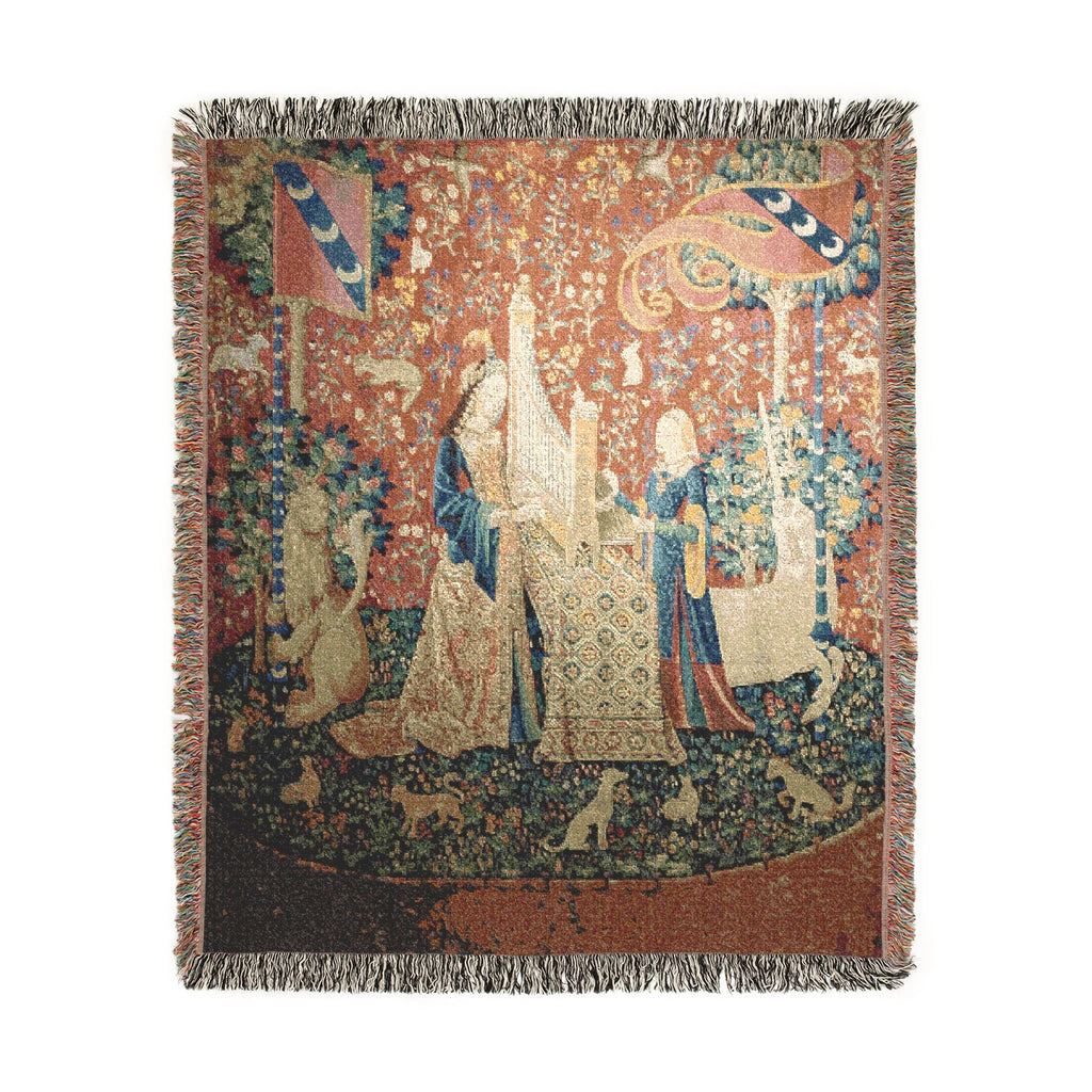 The Lady and the Unicorn Hearing Woven Blanket, Medieval Tapestry Art Throw