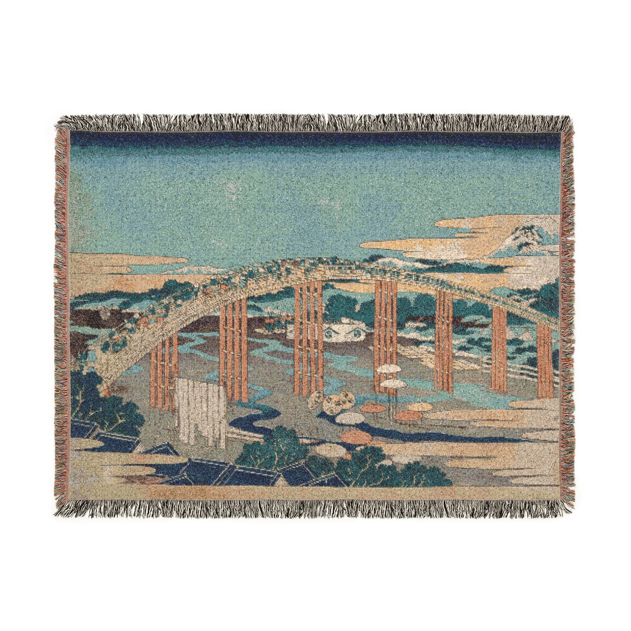 Yahagi Bridge at Okazaki Woven Blanket, Katsushika Hokusai, Blue Toned Japanese Woodblock Art