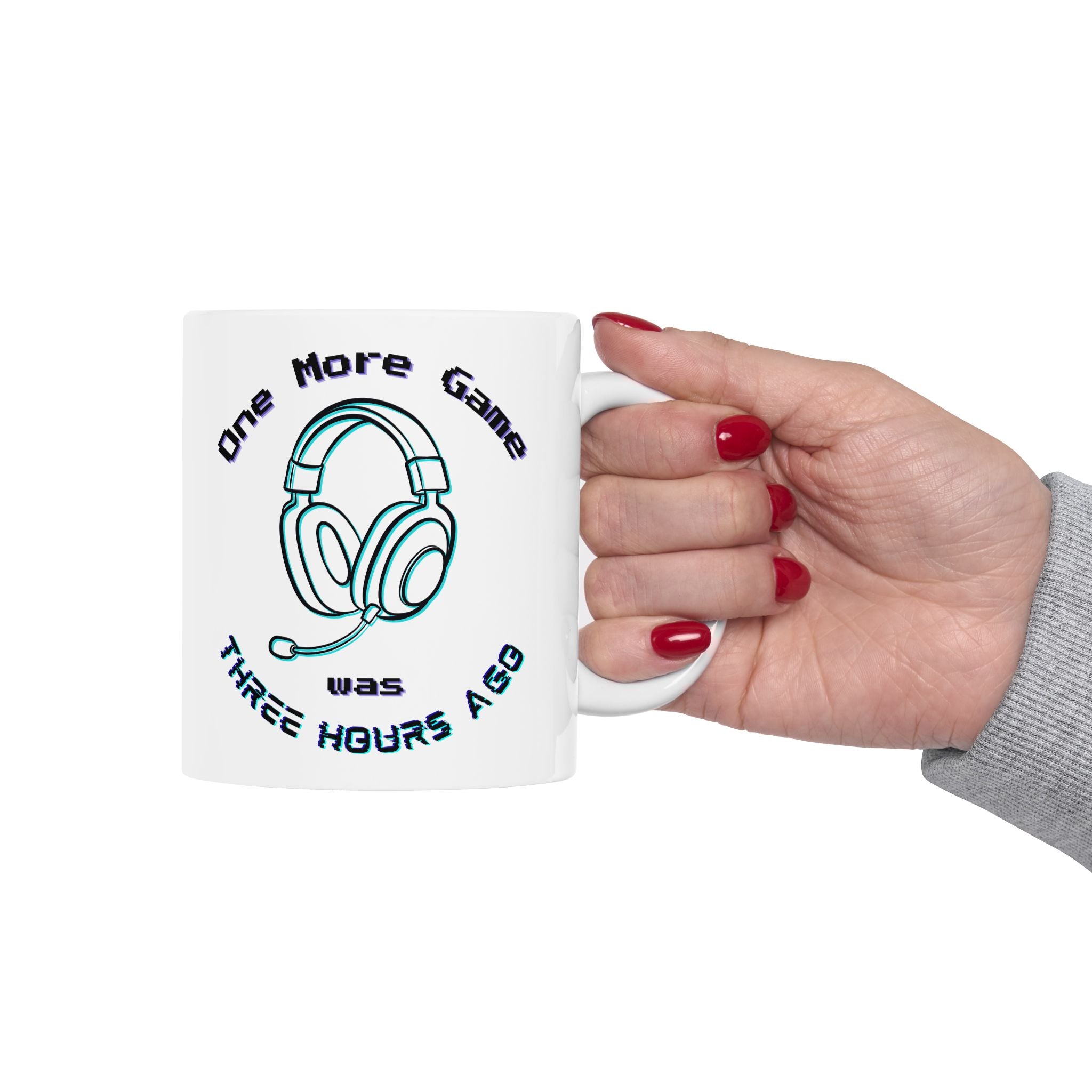 One More Game Was Three Hours Ago Mug, Funny Gamer Humor, Retro Neon White Ceramic