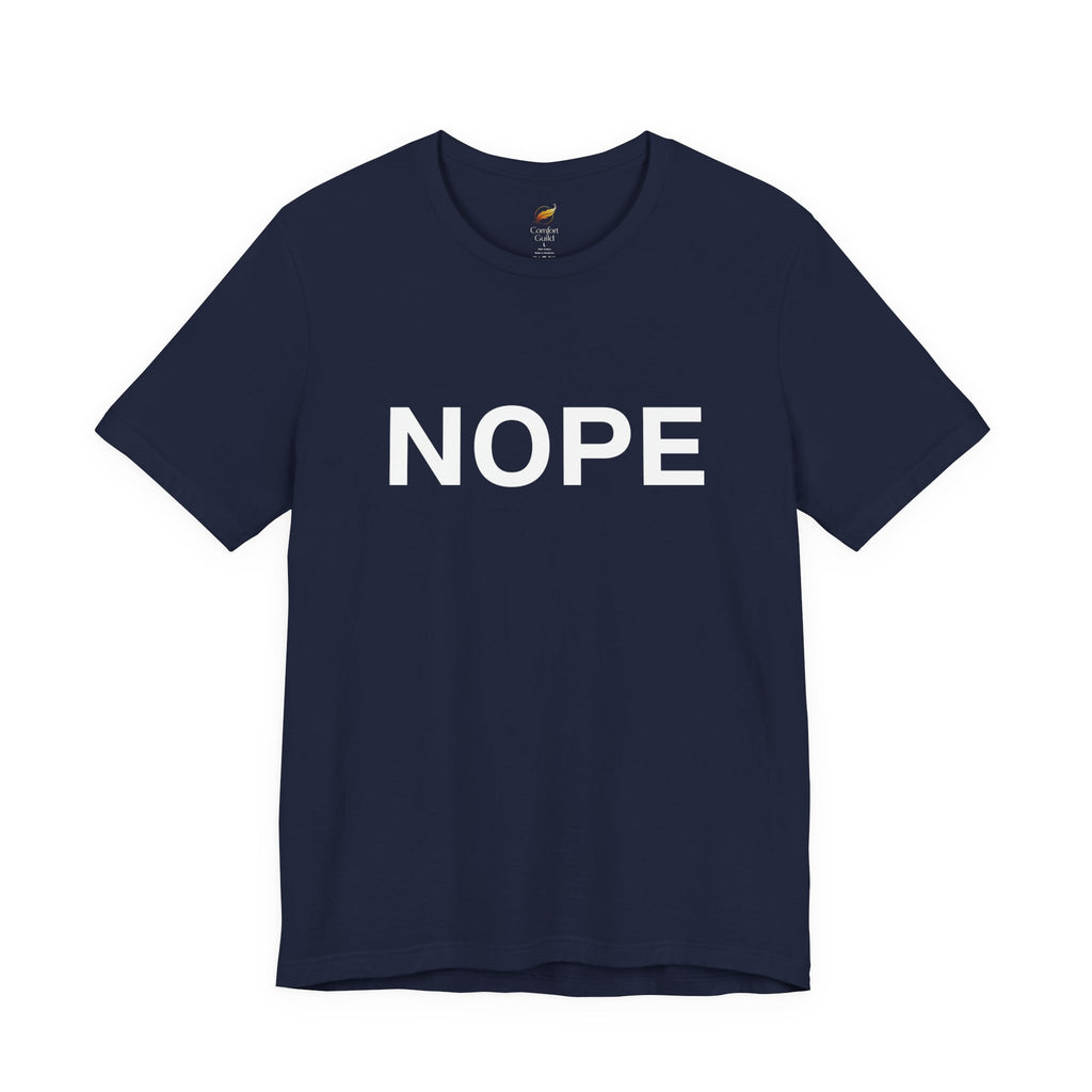 A navy blue short-sleeve crewneck t-shirt with the word 'NOPE' printed in bold white capital letters across the chest, displayed on a clean white background.