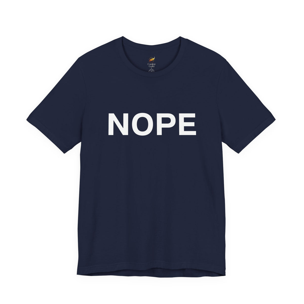 A navy blue short-sleeve crewneck t-shirt with the word 'NOPE' printed in bold white capital letters across the chest, displayed on a clean white background.