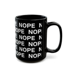A 15oz black ceramic mug with a repeating white text pattern of 'NOPE' and a matching black handle facing right, shown on a clean white background.